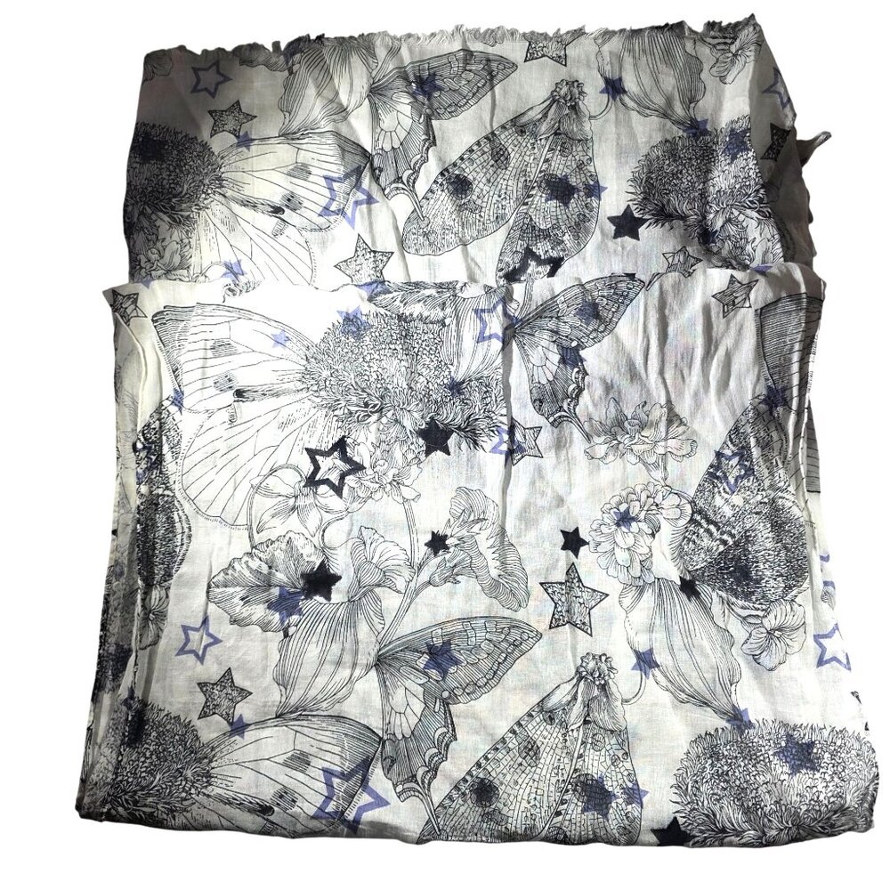 Scarf Floral Butterfly insect Print Lightweight Scarf Fringe Edges fairycore